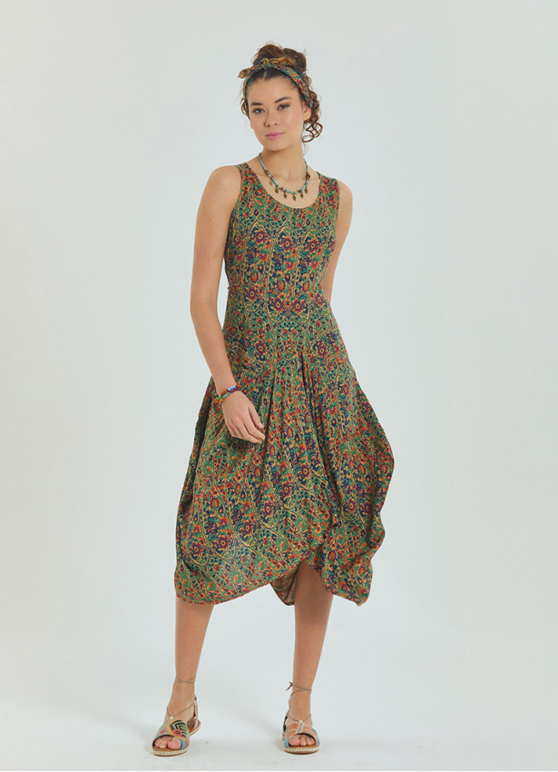 Pera Patterned Sleeveless Paisley Tie Waist Dress